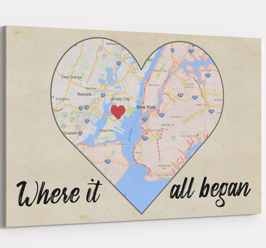 Karte „Wo alles begann“ – personalisierte Leinwand-Wandkunst für Hochzeit und Jahrestag